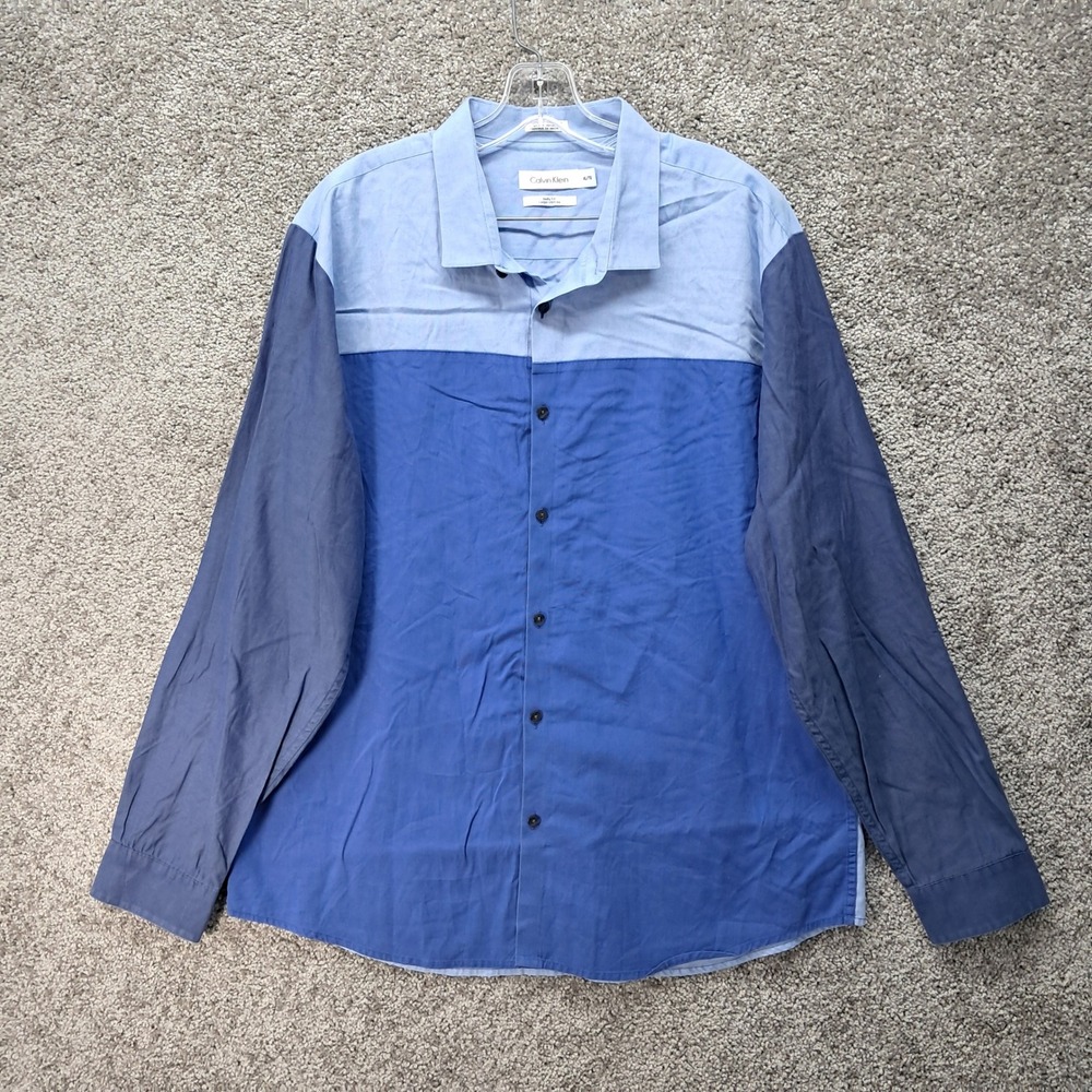 Calvin Klein Mens XL Blue Colorblock Body Fit Long Sleeve Button Down Shirt 7375